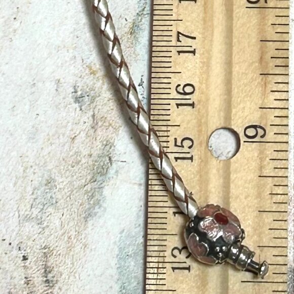 Pandora Sterling Silver Braided Leather Bracelet With Floral Pink Enamel Charm - Picture 8 of 16
